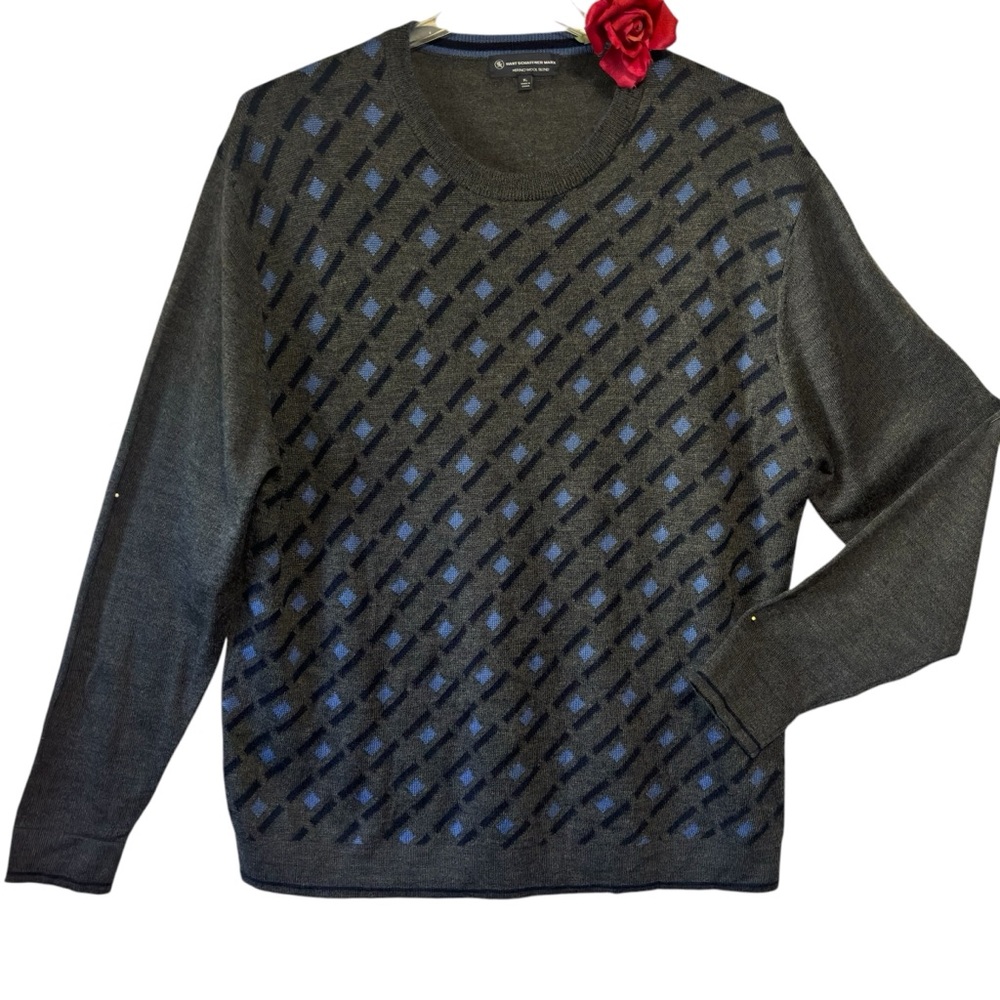 HART SCHAFFNER MARX Crew Neck Sweater Merino Wool Blend Slate Gray Sky B…